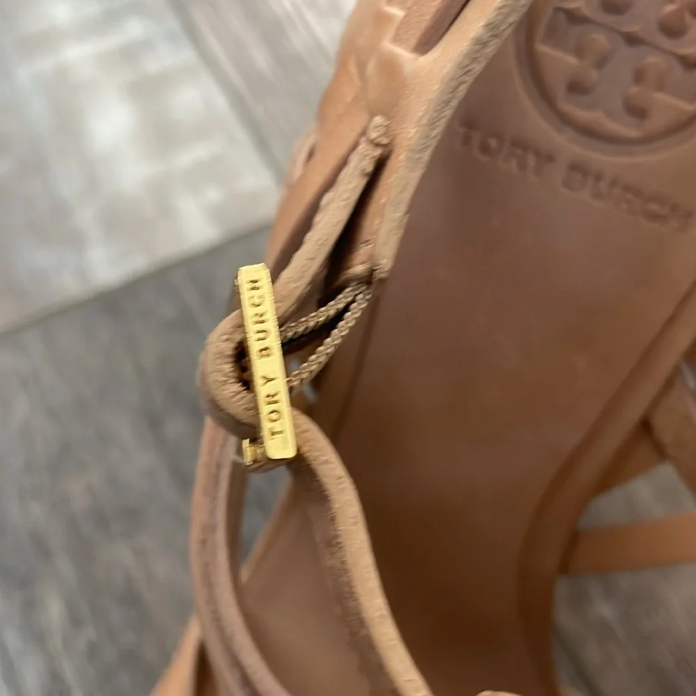 TORY BURCH Nadia brown woven leather logo detail huarache sandals heels 9.5